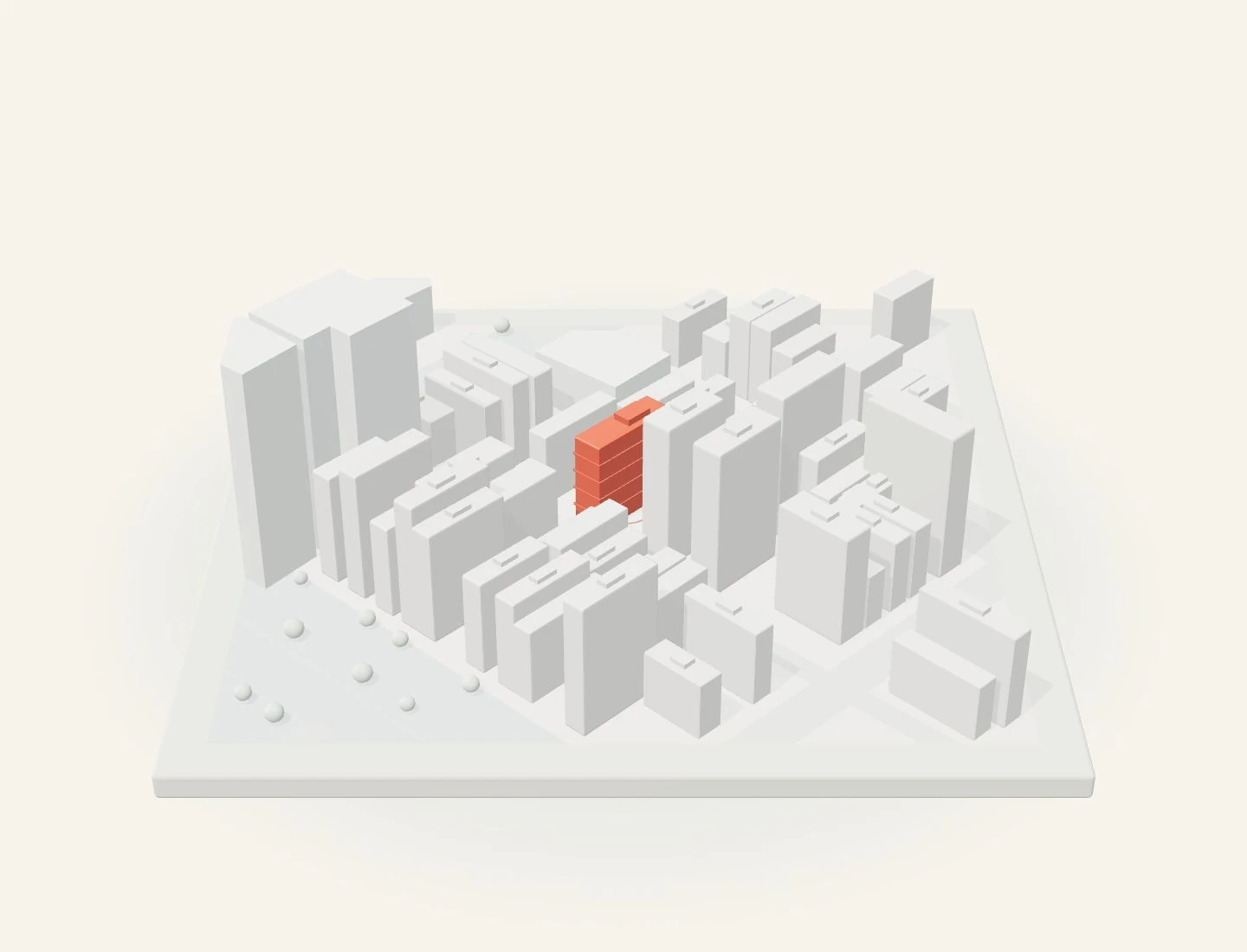 White architectural city model with a red building marking Ming Chiang
